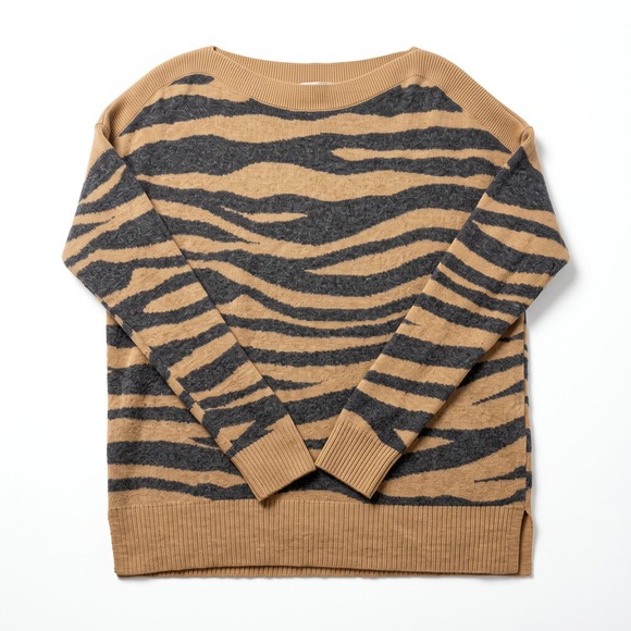 LOFT Sweaters - LOFT Womens S Tan Gray Tiger Stripe Boatneck Sweater Casual Cozy Animal Print